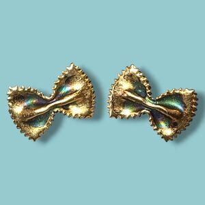 Artisan Gold Tone Bowtie Pasta Earrings‎ Whimsical Unsigned Studs